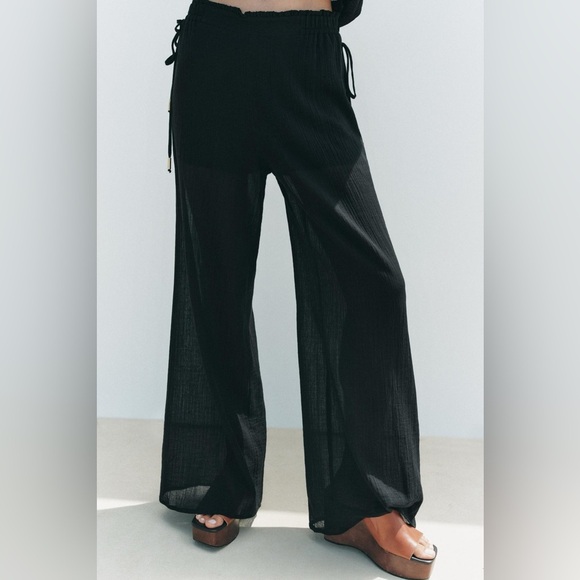 ZARA | Bamboo Black Sheer Wide-Leg Pants with Six Pockets and Draw String - Picture 14 of 16